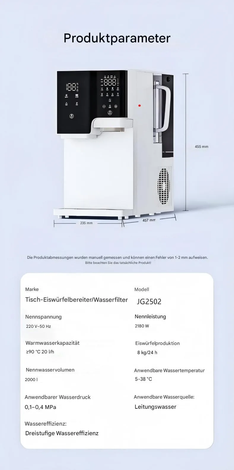Osmosefilter JG-7501 Auftischsystem mit Heiss-, Kalt- und Eiswuerfelfunktion