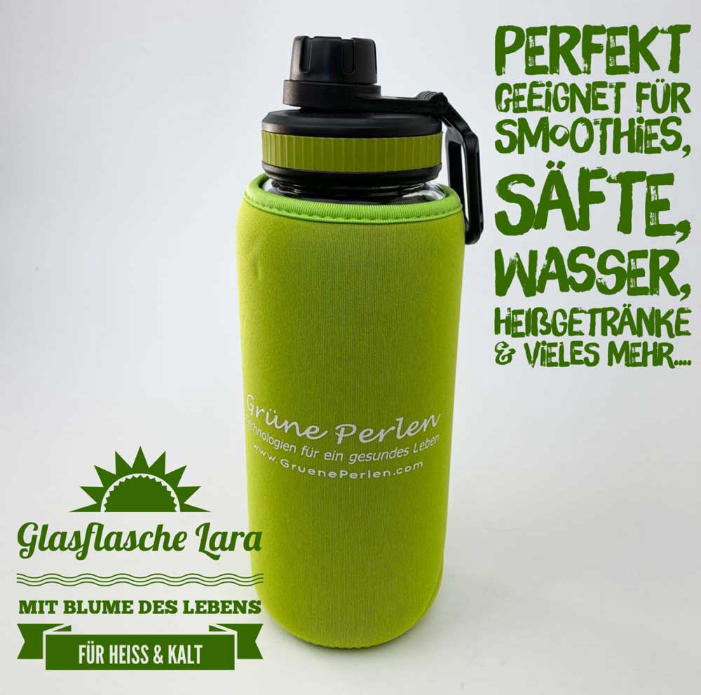 Glasflasche Lara aus Borosilikatglas mit Blume des Lebens (Hitze & Kältefest)