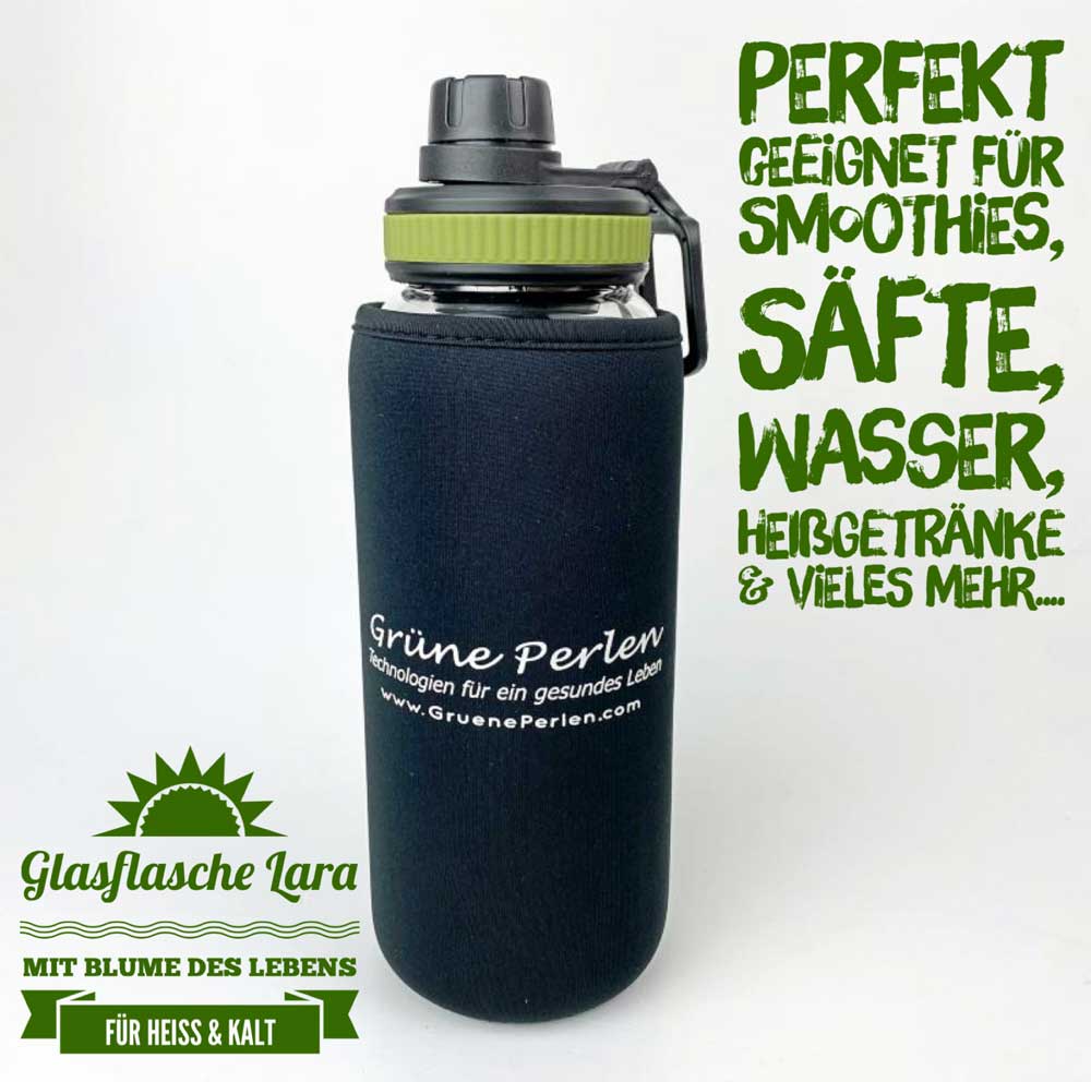 Glasflasche Lara aus Borosilikatglas mit Blume des Lebens (Hitze & Kältefest)